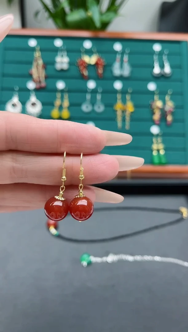 【闪购商品】南红玛瑙耳饰银S925镀金镶嵌081红12m单株金