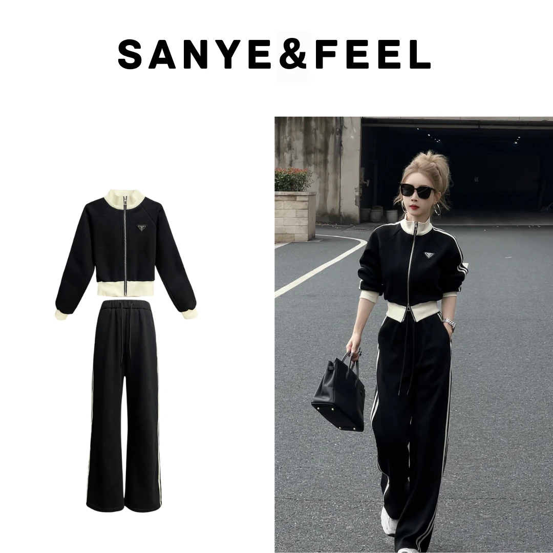 大妍力推【 纸片人套装】63004秋冬季新款杆条立领加绒加厚套装QS