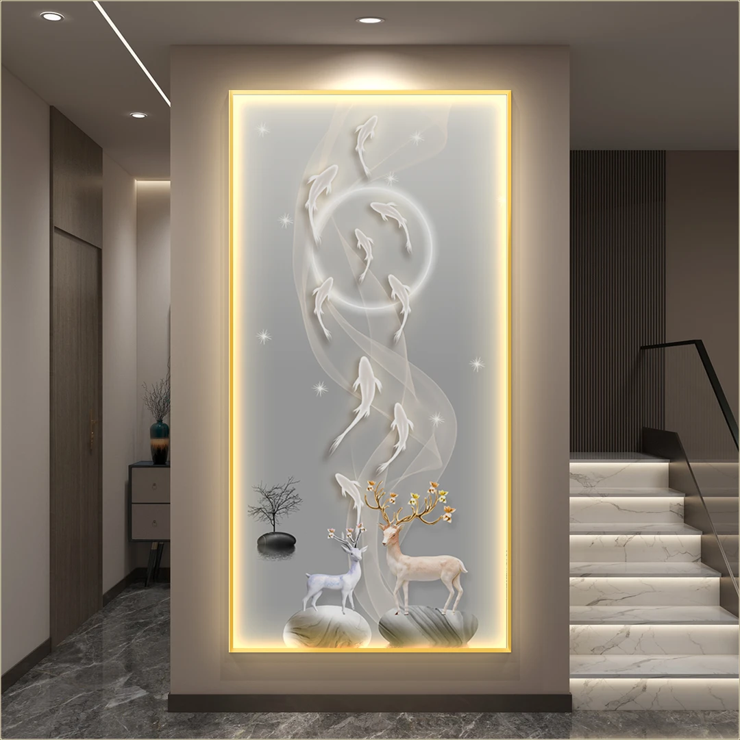 容弈高档九鱼图玄关画简约轻奢入户走廊过道挂画声控带灯装饰画