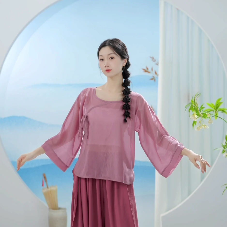 3696 D现代舞蹈服七分袖花纹短款斜襟暗纹洋气款罩衫上衣