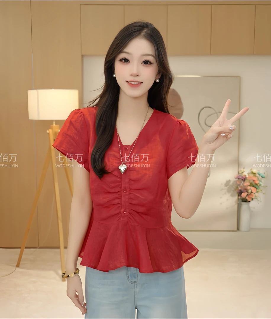 【七佰万】-人鱼姬-2025夏季法式 100苎麻 花边短袖衬衫Y67522