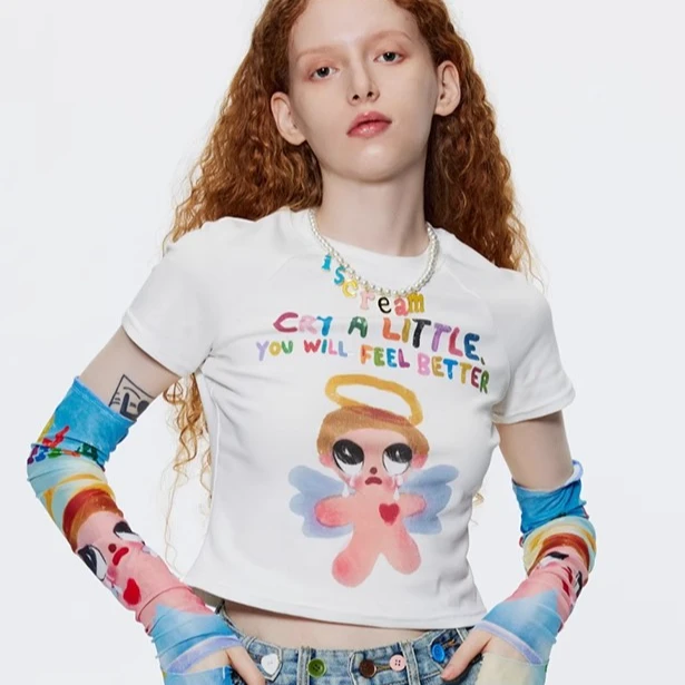 浮力 iscreamcolour MOF小天使涂鸦印花T恤短袖复古美式少女