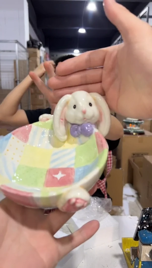 瓷片绿色原盒兔子糖果碗