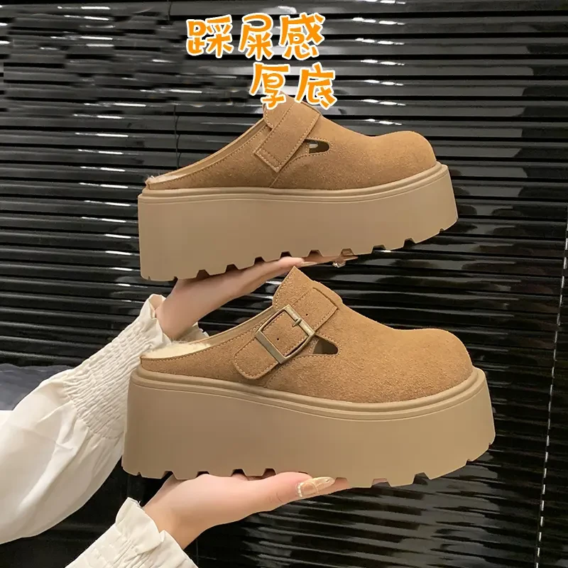 厚底增高勃肯鞋女秋冬加绒2024新款一脚蹬包头半拖鞋博肯外穿棉拖