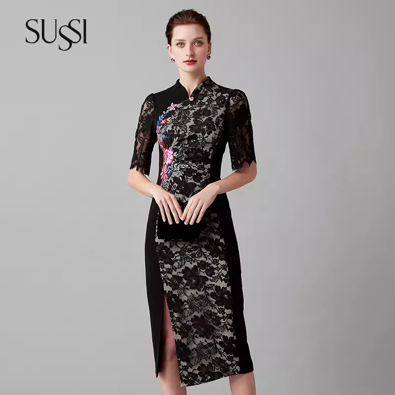 SUSSI古色丨“玄天鹤舞”中国风黑色贴花修身显瘦旗袍连衣裙女