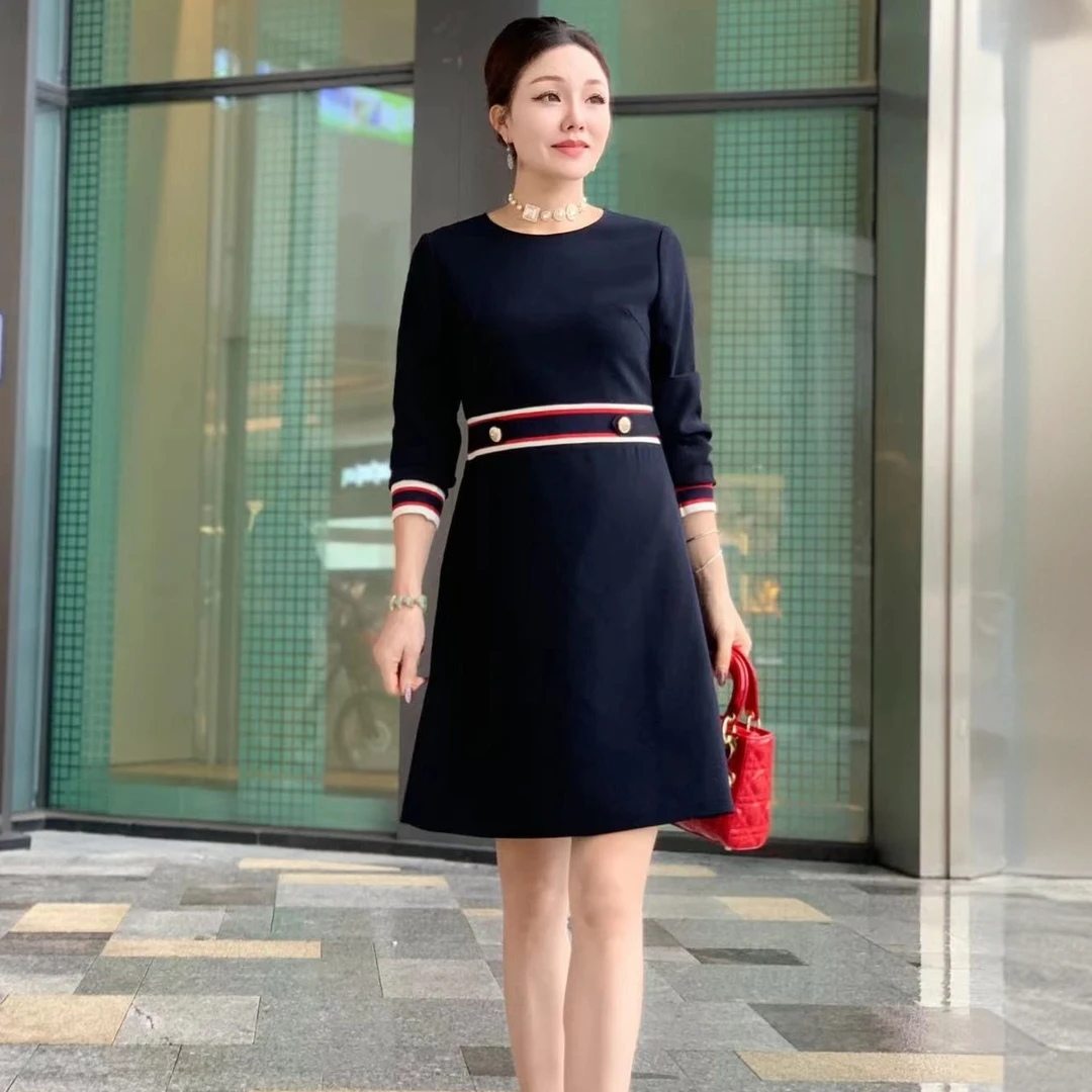 高端大气时尚拼织带A字圆领长袖轻奢显瘦连衣裙气质高级感女装603