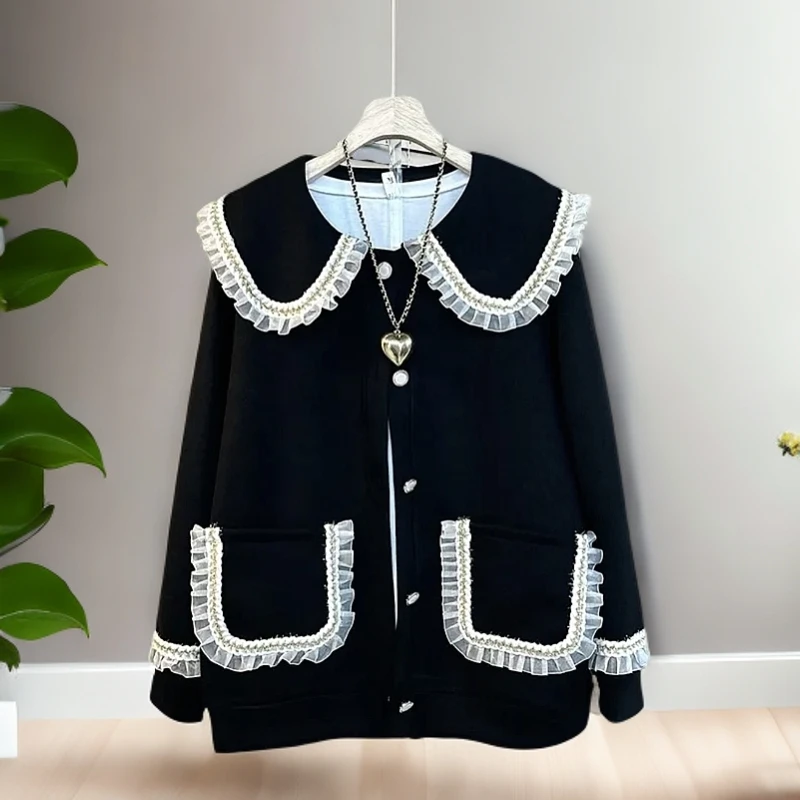 胖妹妹大码外套欧货时尚甜美荷叶边娃娃领开衫秋装减龄显瘦上衣潮