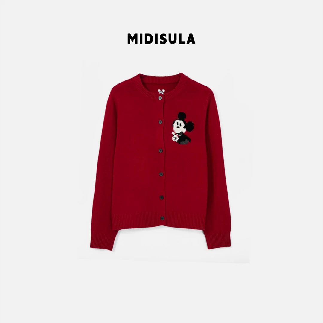 【H.MDSL】秋冬新纯色圆领长袖开衫毛衣时尚米奇刺绣百搭外套#2177