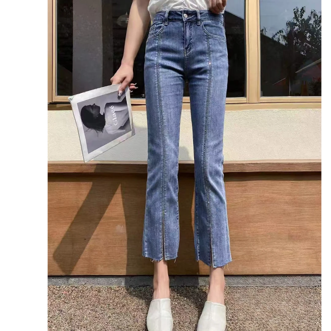 春季女高腰九分牛仔喇叭裤小个子开叉时尚直筒喇叭裤