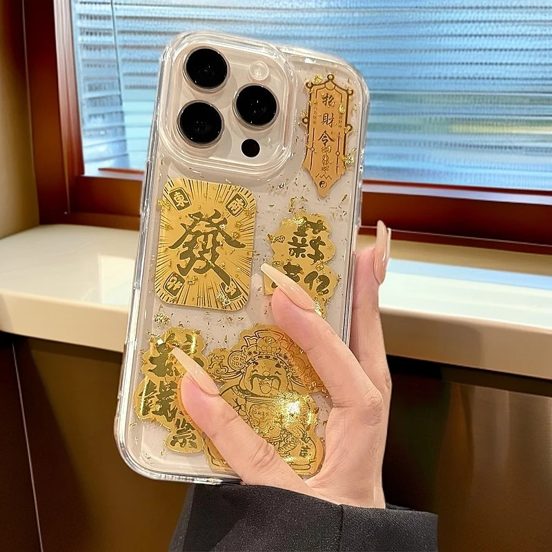 适用苹果15promax手机壳新款iphone16金箔财神爷15防摔透明高级感