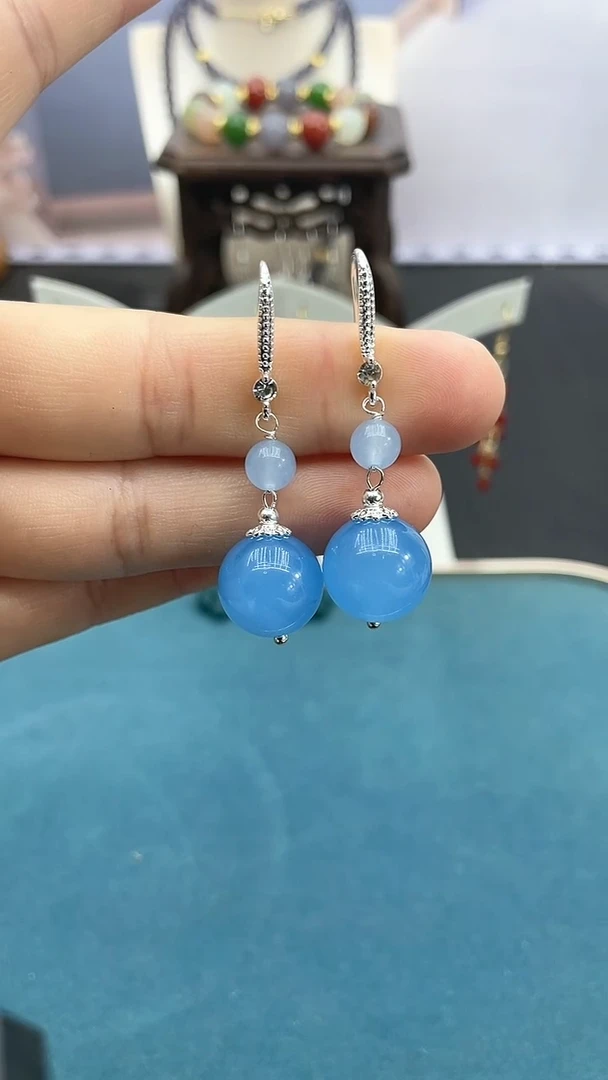 【闪购商品】海蓝宝石耳坠银S925镶嵌海蓝耳钩H2