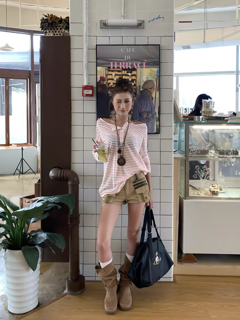 ZHL Studio慵懒风条纹一字肩长袖T恤薄款打底衫女夏防晒宽松上衣