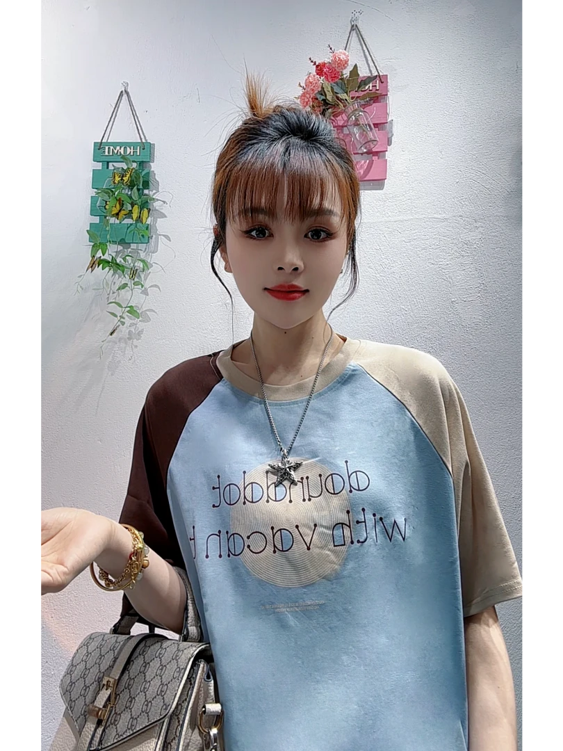 dx422-夏款短袖拼潮流插肩袖女洋气上衣