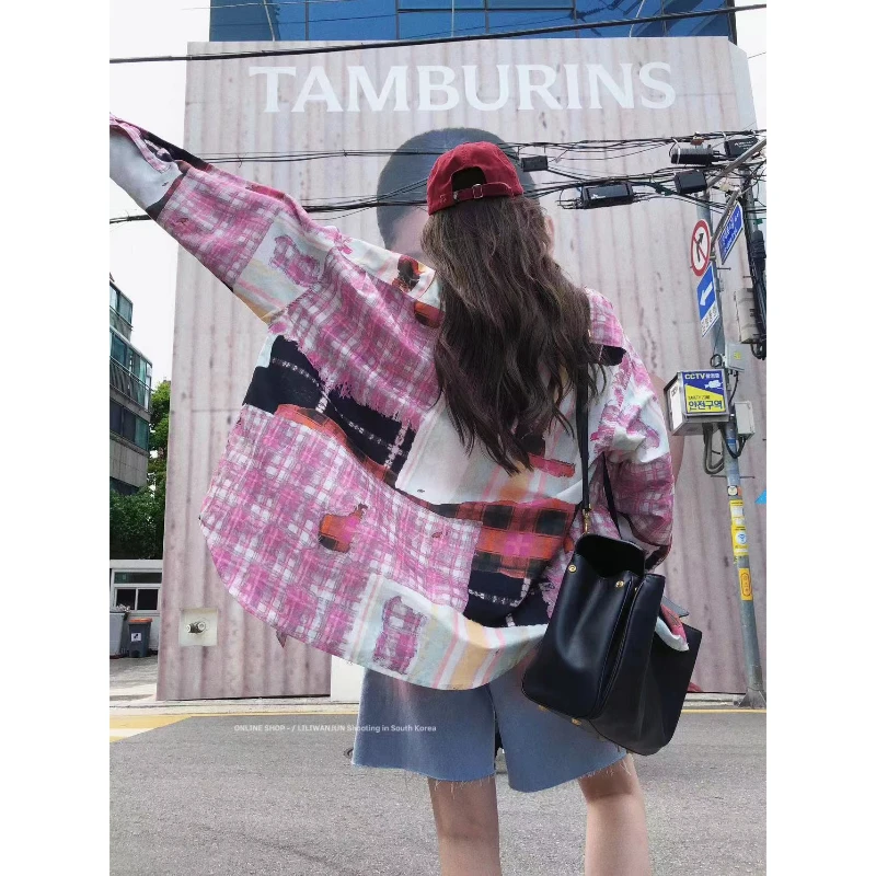 【婉君】夏季韩系甜美漫画拼接长袖格子衬衫LWJ24B2C855
