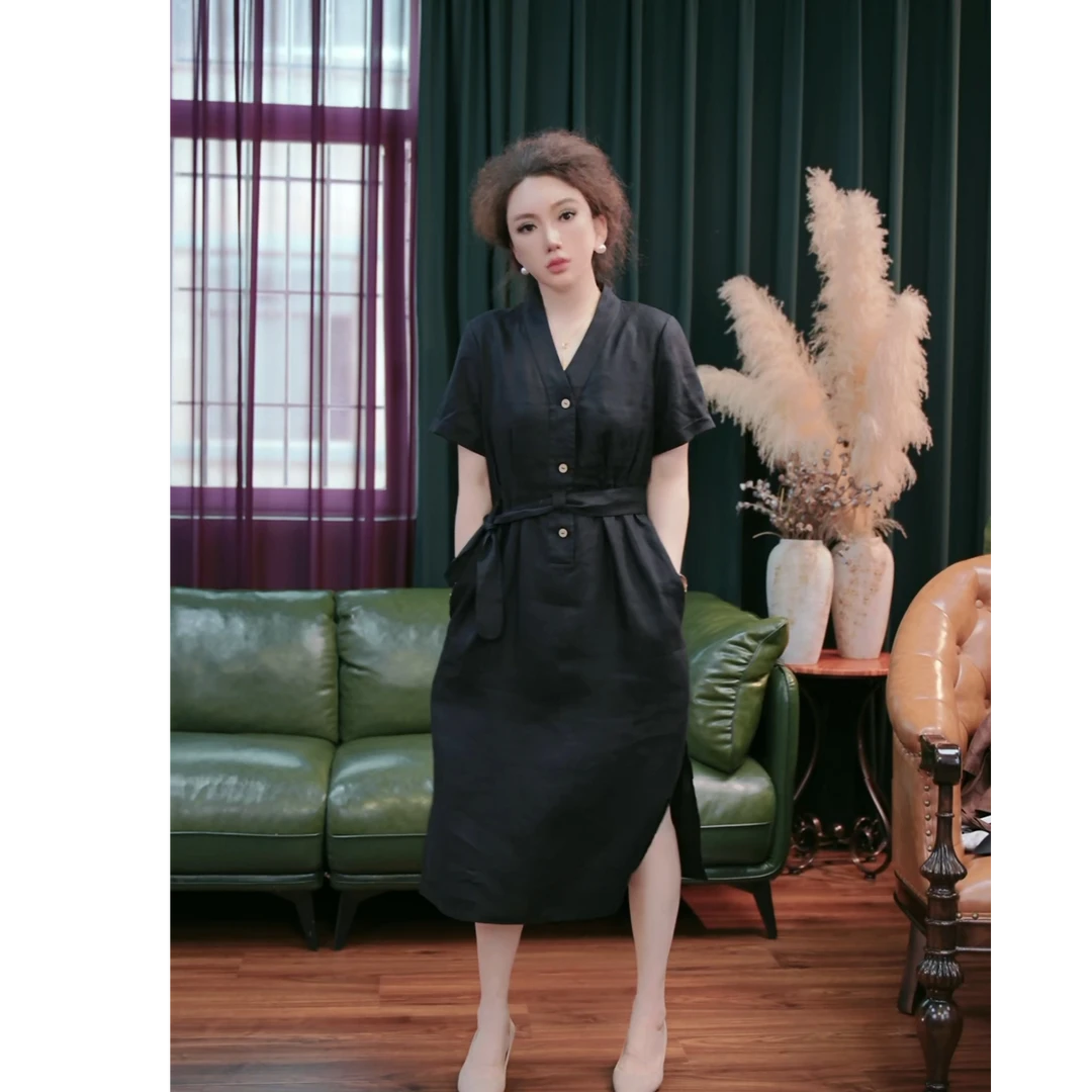 夏季小众设计感单排扣气质收腰洋气亚麻连衣裙