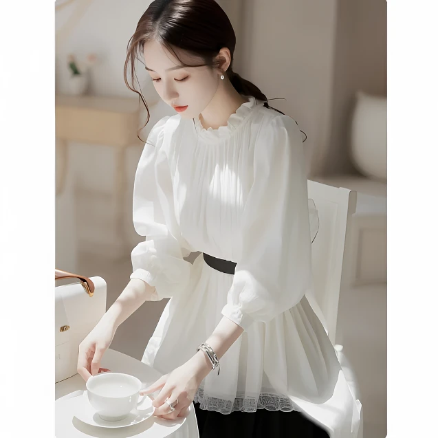 春季法式独特漂亮小众轻奢减龄高级感温柔风雪纺白色收腰衬衫
