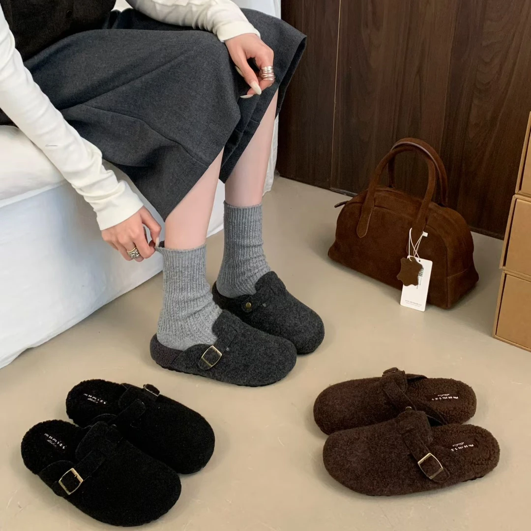 058-71厚底皮带扣包头半拖鞋女2025新款时尚休闲外穿一脚蹬勃肯鞋