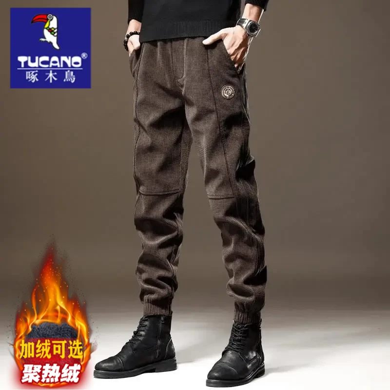 啄木鳥高端重磅格子灯芯绒休闲裤男秋冬季潮牌直筒宽松卫裤工装束