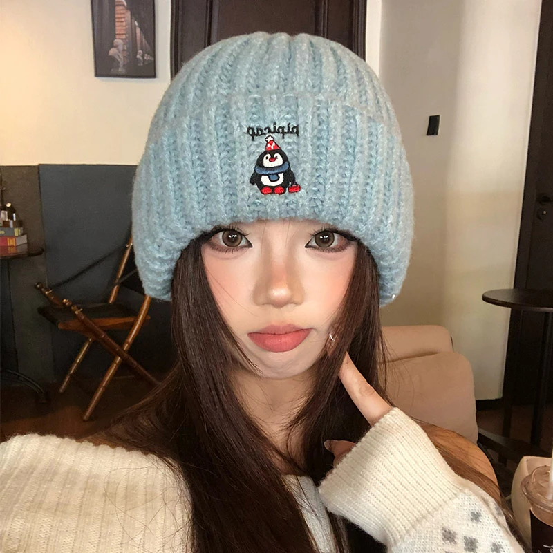 围脖企鹅刺绣毛线针织帽子女秋冬季加厚保暖竖纹套头帽大头围冷帽