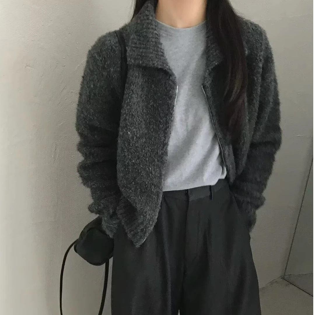 K2249 拉链圈圈纱灰毛衣·软糯翻领开衫外套秋