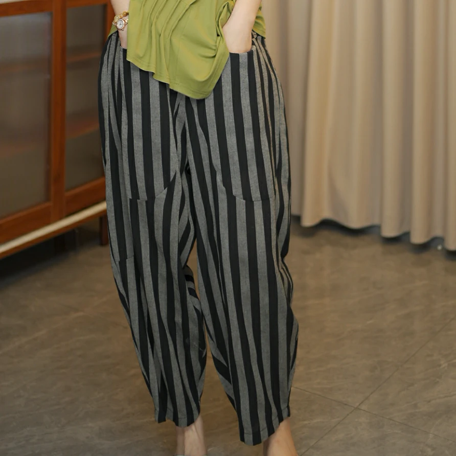 新款条纹棉麻夏季百搭休闲九分长裤
