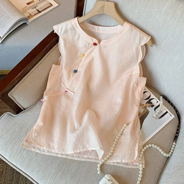 新中式粉色国风盘扣上衣女2025新款甜美减龄温柔气质百搭无袖衬衫