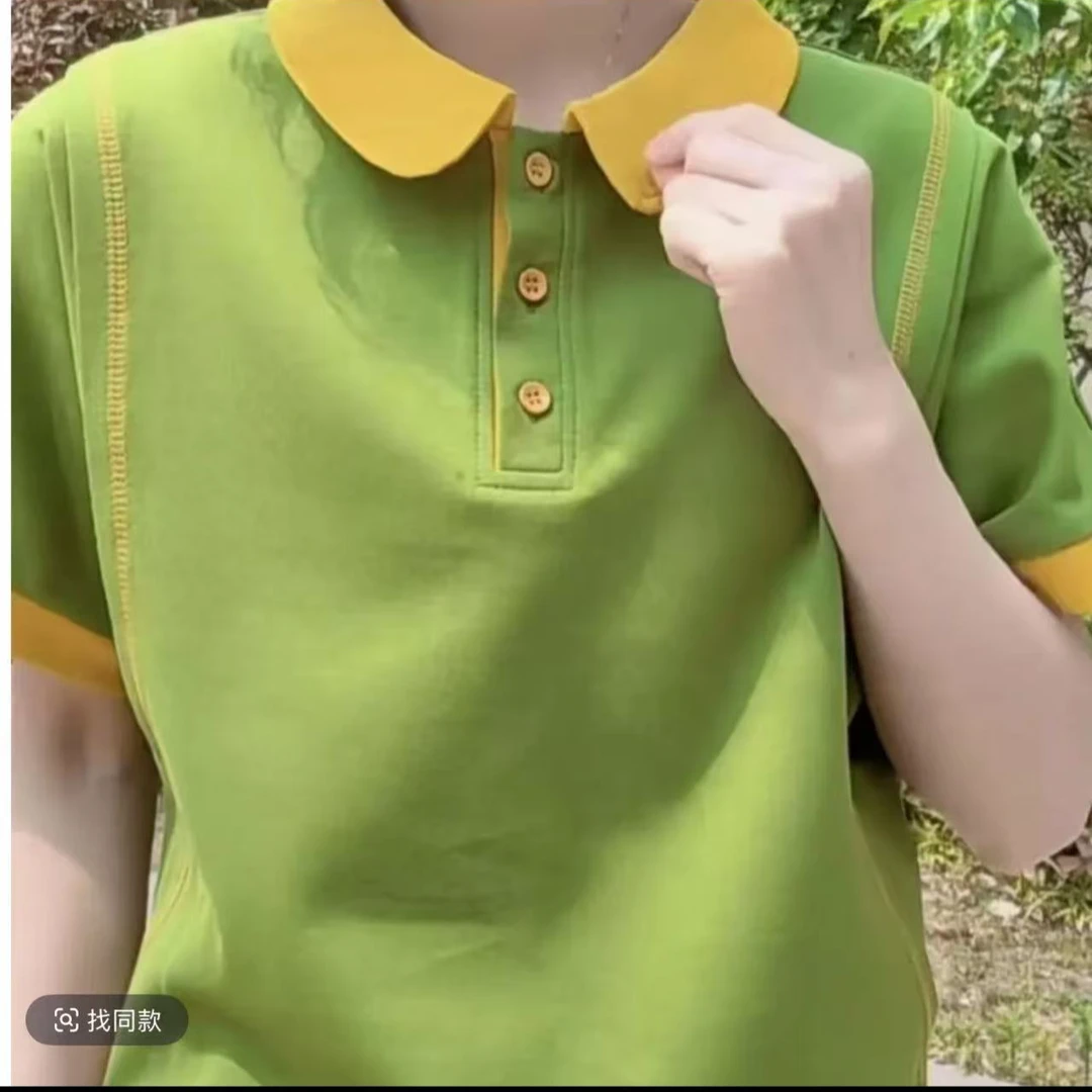 2025夏季新品时尚拼接针织棉T减龄显瘦休闲百搭女装弹力上衣遮肉