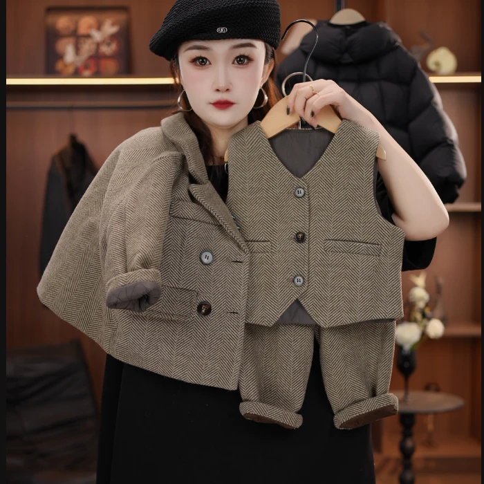 G+2025韩版新款冬季儿童时尚休闲帅气西装英伦风套装