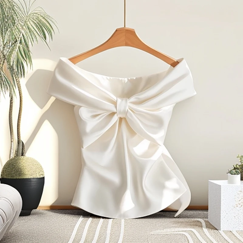 法式轻熟蝴蝶结白色缎面一字肩衬衫女设计感小众修身短款绝美上衣