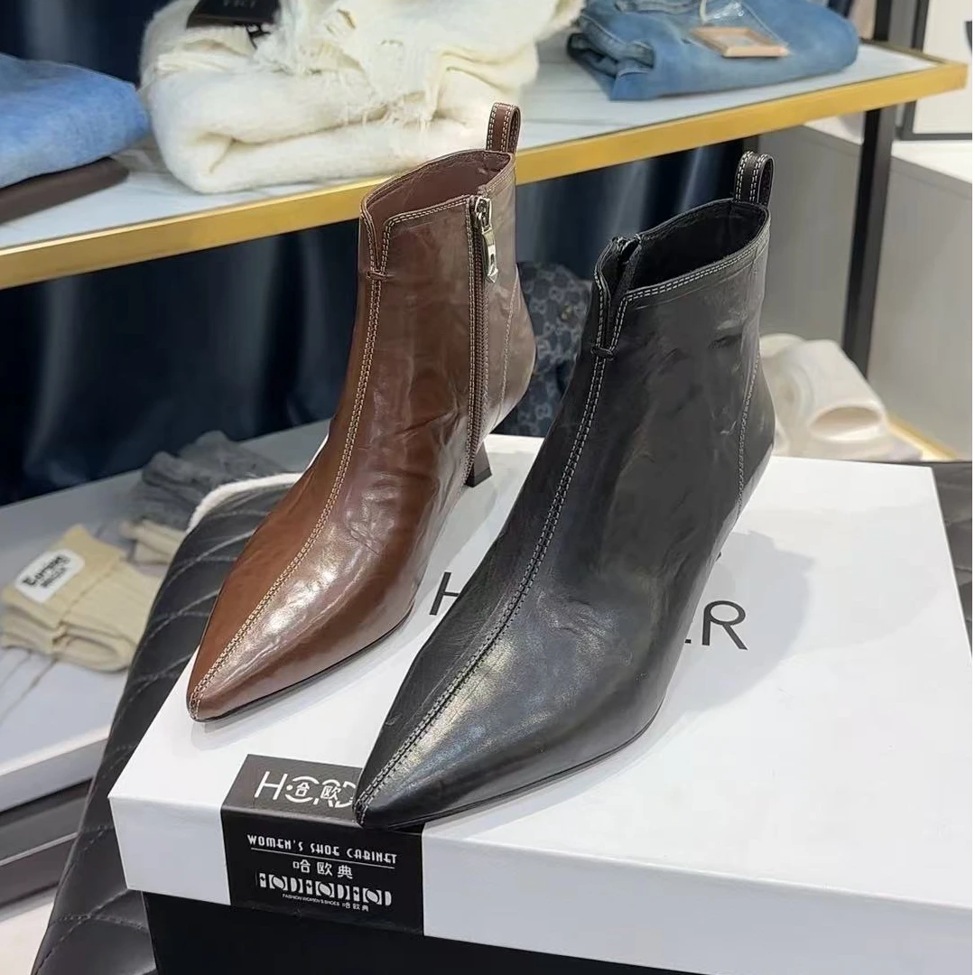 [大韩韩]早春新款9537-5手抓胎牛皮百搭舒适质感单鞋小跟短靴