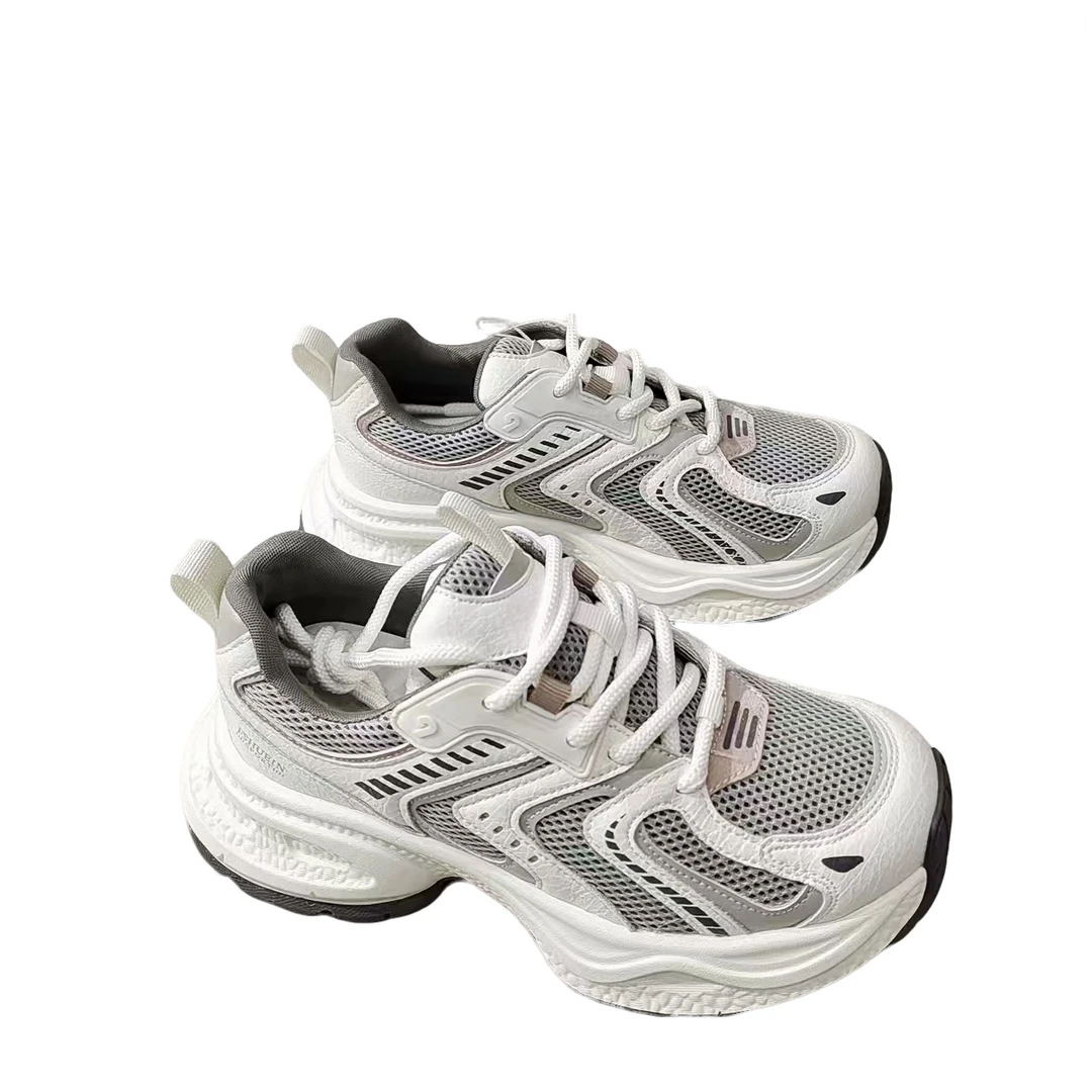 2025春季新款网面真皮老爹鞋厚底轻便软底百搭复古跑步运动休闲鞋