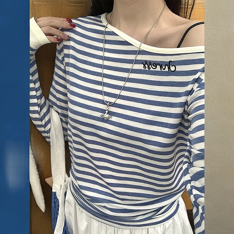 韩系撞色条纹不规则斜领露肩长袖T恤女新款收腰气质上衣春秋