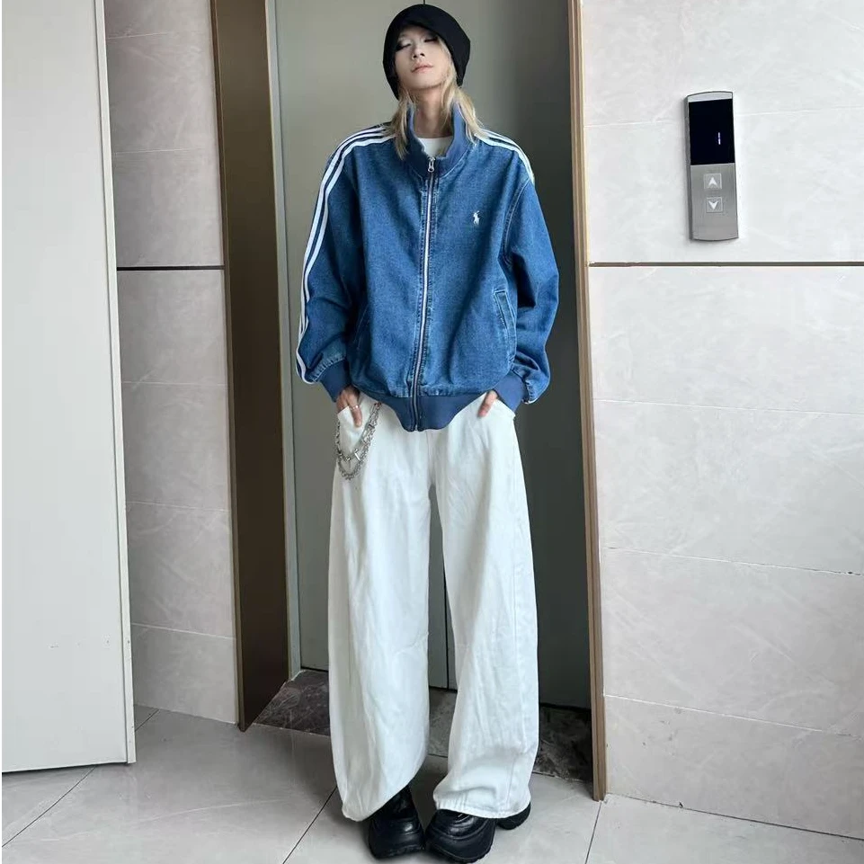 复古美式立领三杠牛仔外套运动风棒球服松弛感弯刀牛仔裤两件套