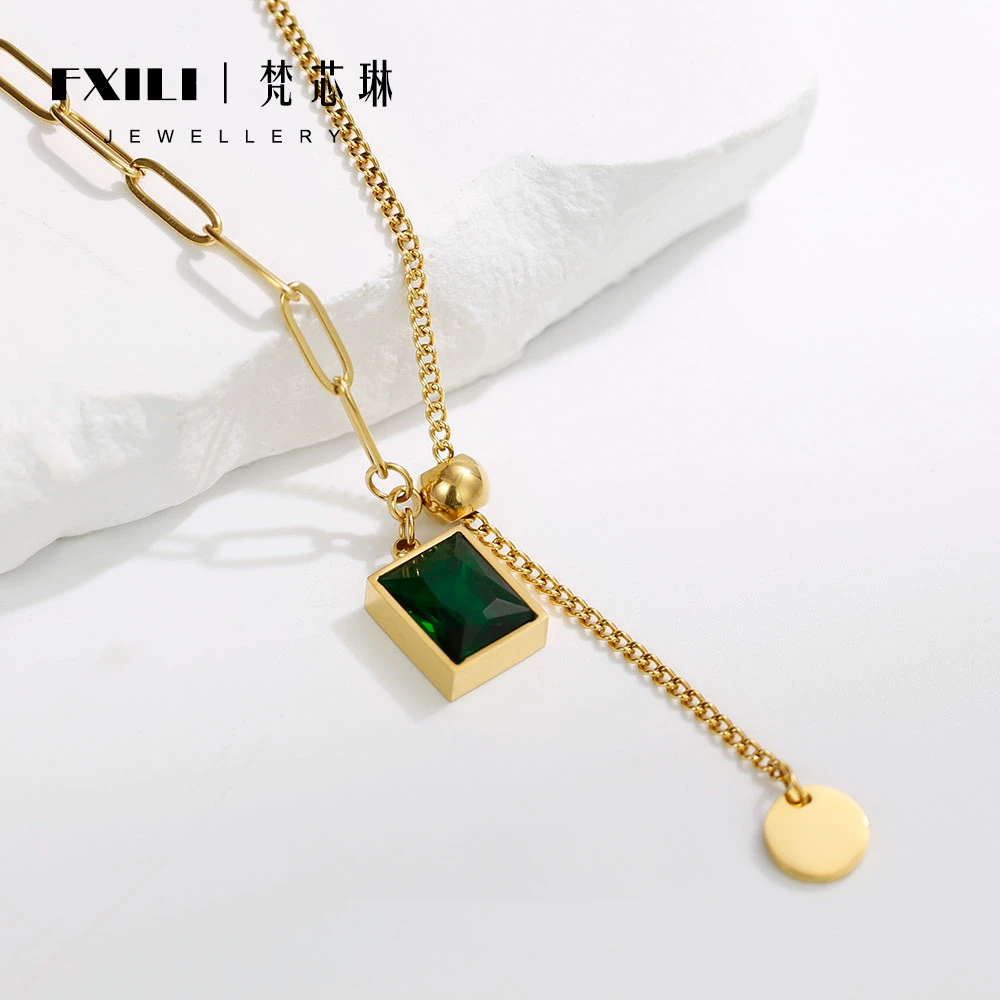 钛钢项链 法式复古绿色方块项链秋冬毛衣链轻奢优雅百搭简约经典