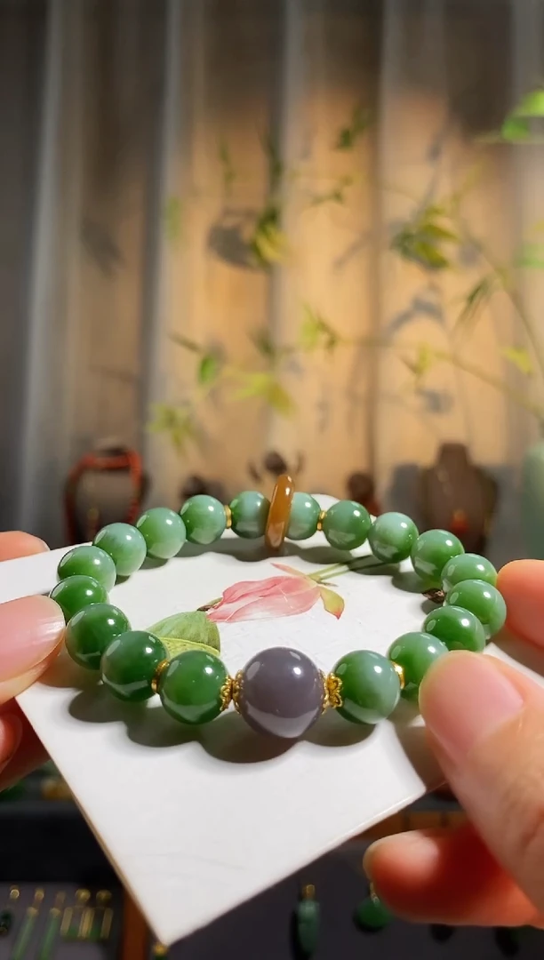 未镶嵌手链和田玉T*T，碧玉聚宝盆手串（粉青＋阳绿）