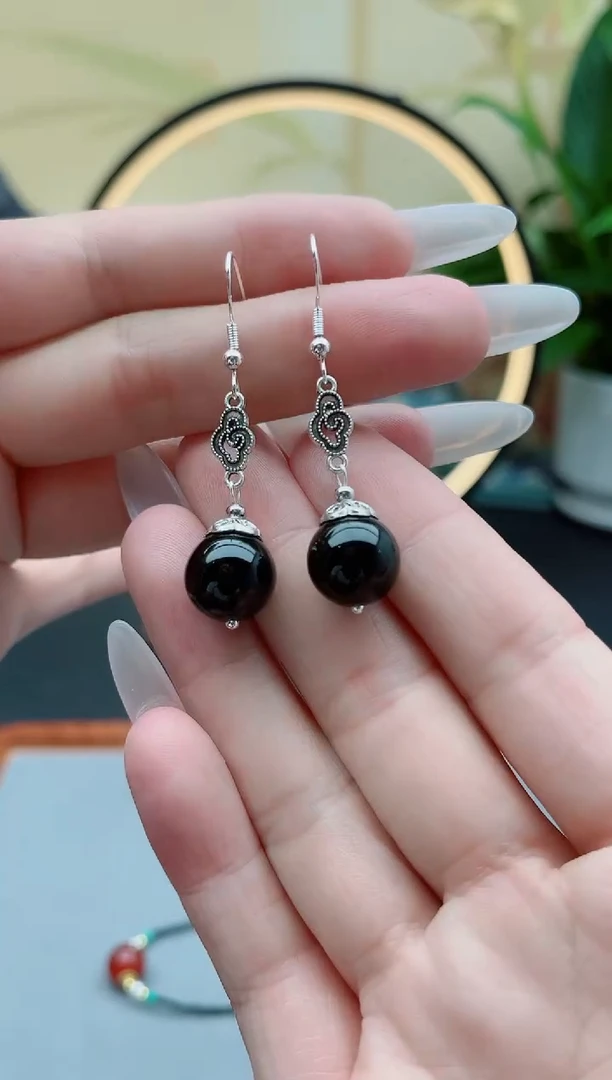 黑曜岩银S925镶嵌耳饰207