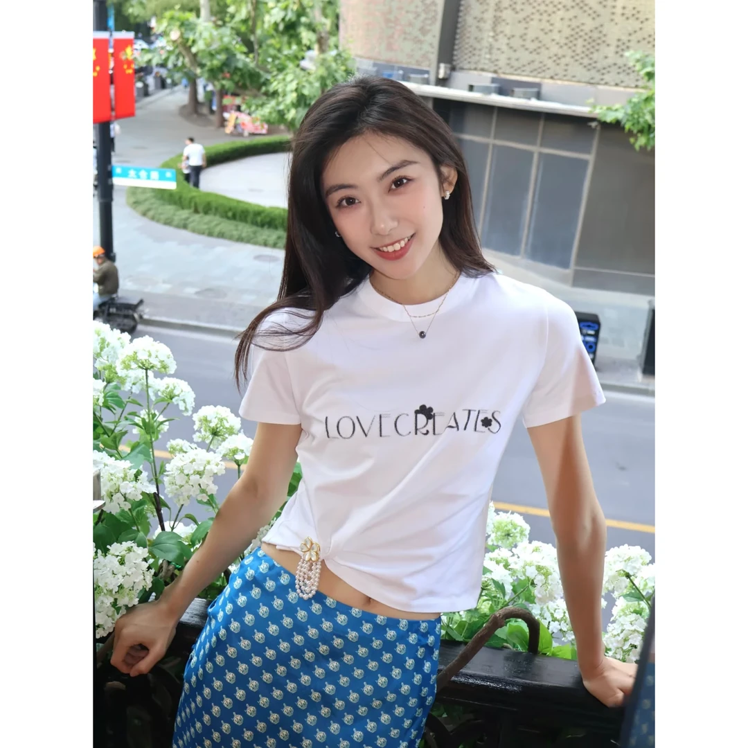 短袖T恤2025年夏季新款百搭休闲简约字母印花圆领上衣女6097