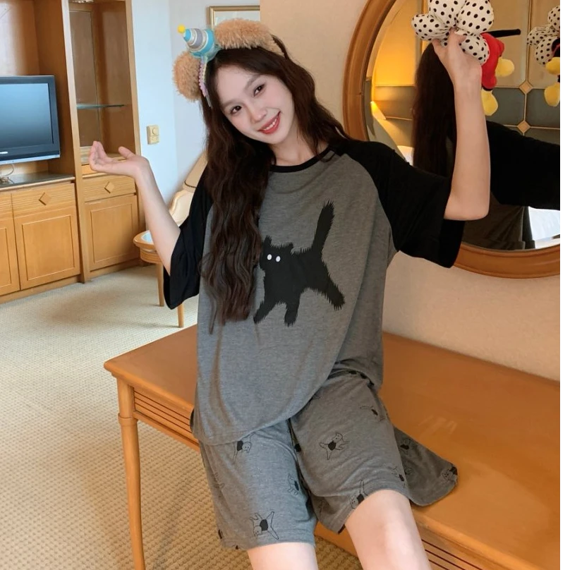 6609大码睡衣女夏季宽松莫代尔短袖短裤薄款可爱显瘦可外穿家居服