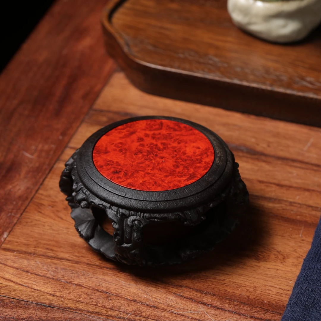 【镂空底座】9*4.2cm紫光檀镶嵌瘤疤复古精工雕刻