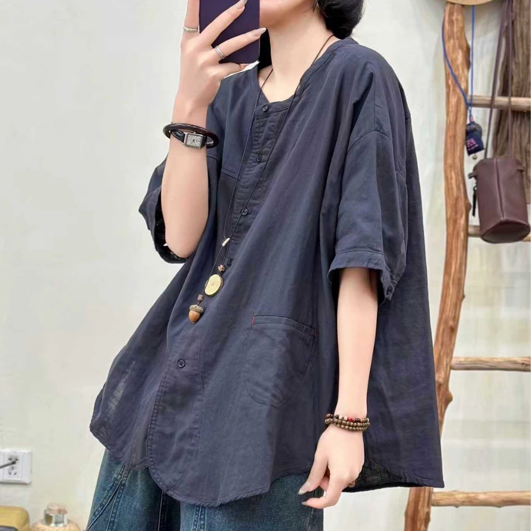 文艺复古特色双层棉纱高支高密设计版短袖开衫