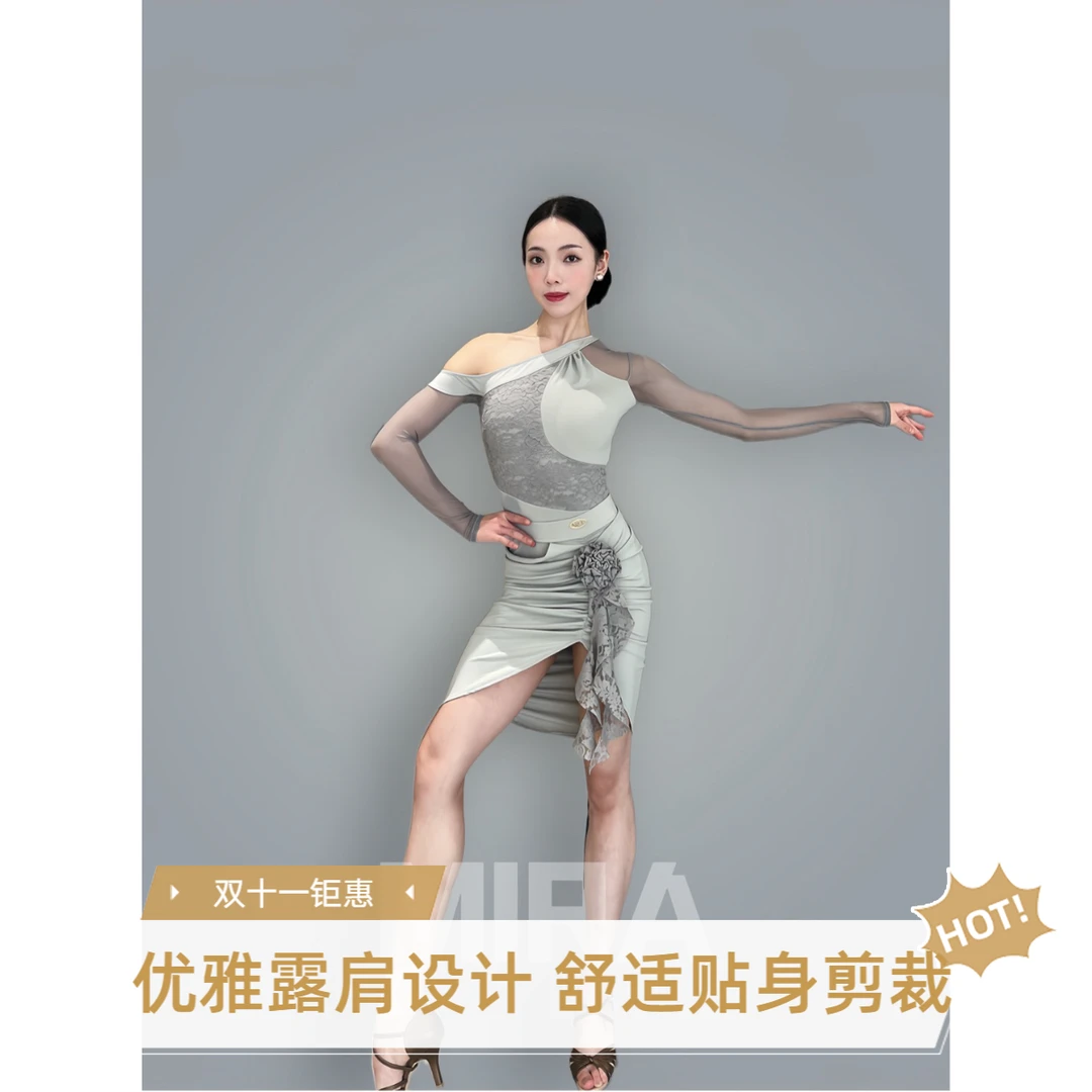 米拉舞服秋季新款斜肩蕾丝拼接丝绒拉丁舞连体练功服成人适用