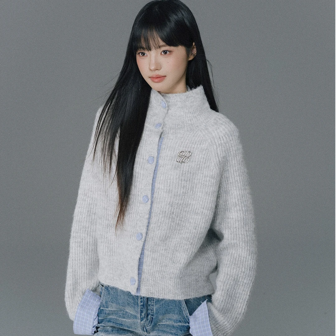 QDQD慵懒感针织开衫柔软亲肤花灰色毛衣长袖