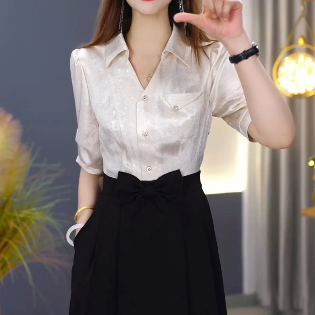 轻熟风假两件蕾丝拼接连衣裙2025夏季新款蝴蝶结韩版气质中长裙女