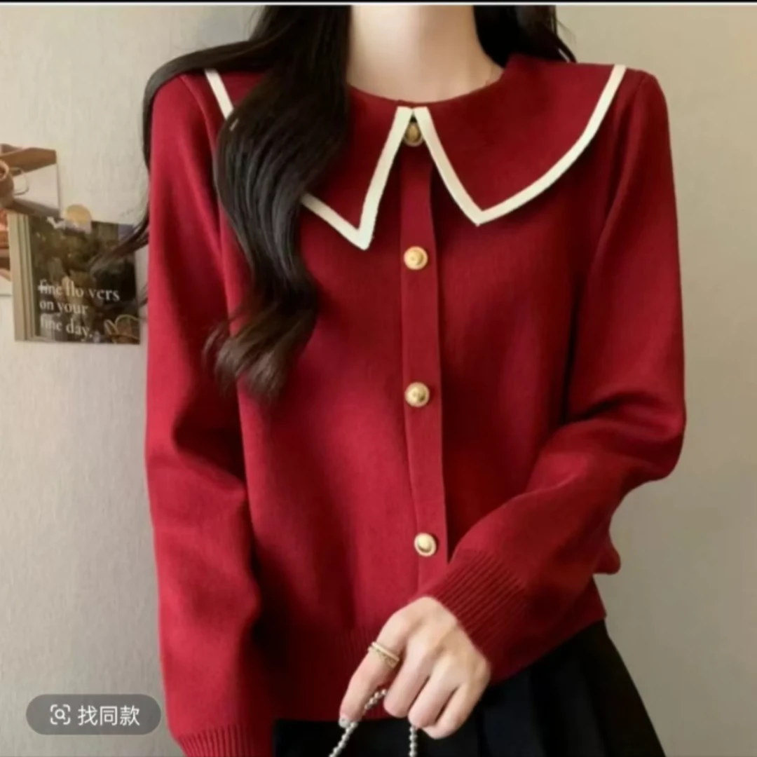 5030#秋冬新款大码女装胖mm小香风红色娃娃领欧货上毛衣针织衫