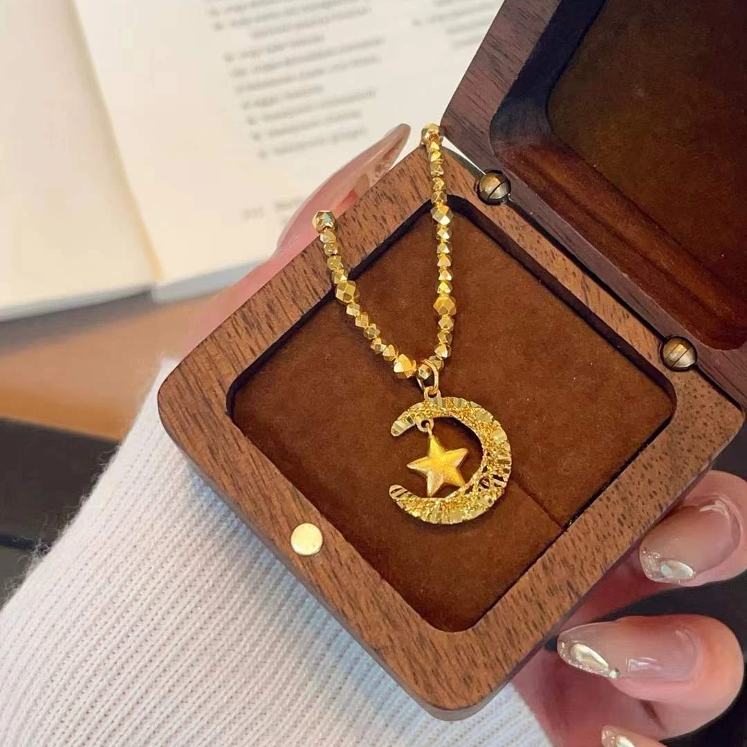 足金999超闪蹦迪珠链星月织梦黄金项链星星月亮纯金锁骨链送女友