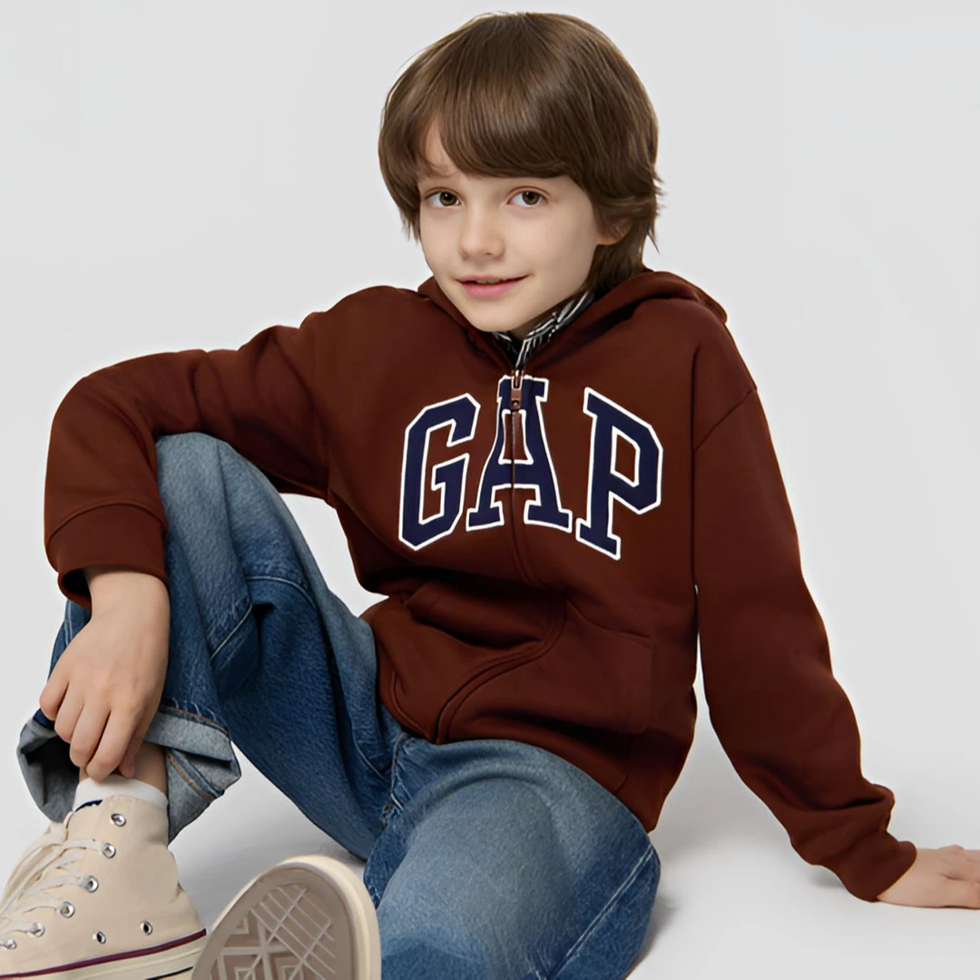Gap男女童2025冬季新款贴布绣logo抓绒连帽卫衣儿童装外套804633