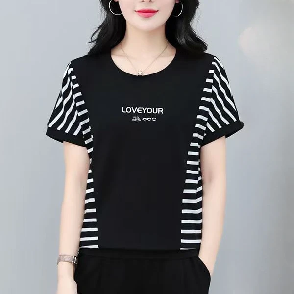 短袖抗起球透气t恤T恤百搭减龄洋气夏季印花拼接大码200斤妈妈