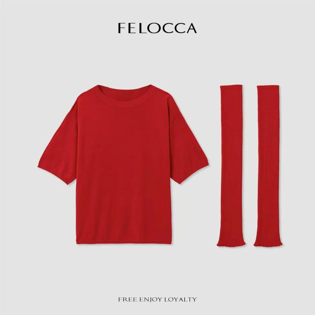 F3471圆领软糯短袖针织毛衫带袖套