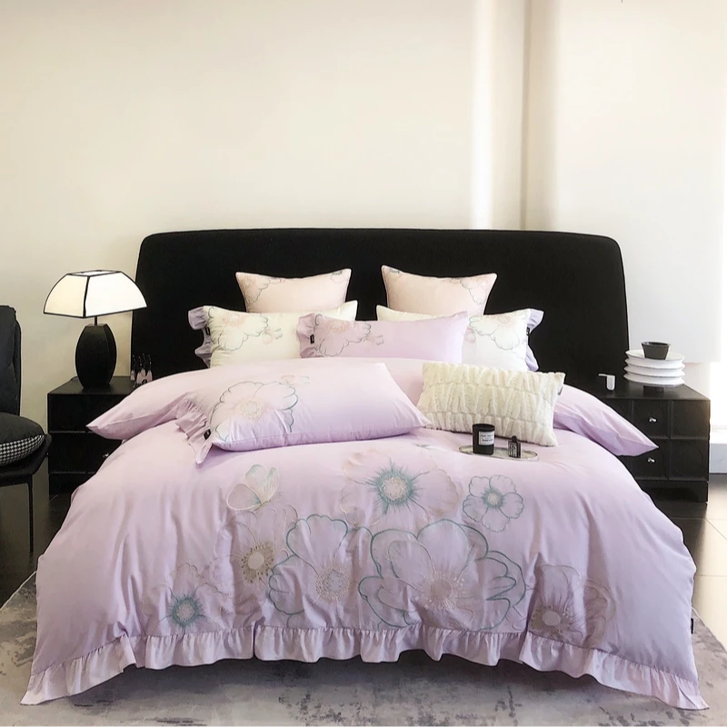 【安妮花园紫】法式浪漫花边刺绣全棉纯棉100%棉四件套套件四件套