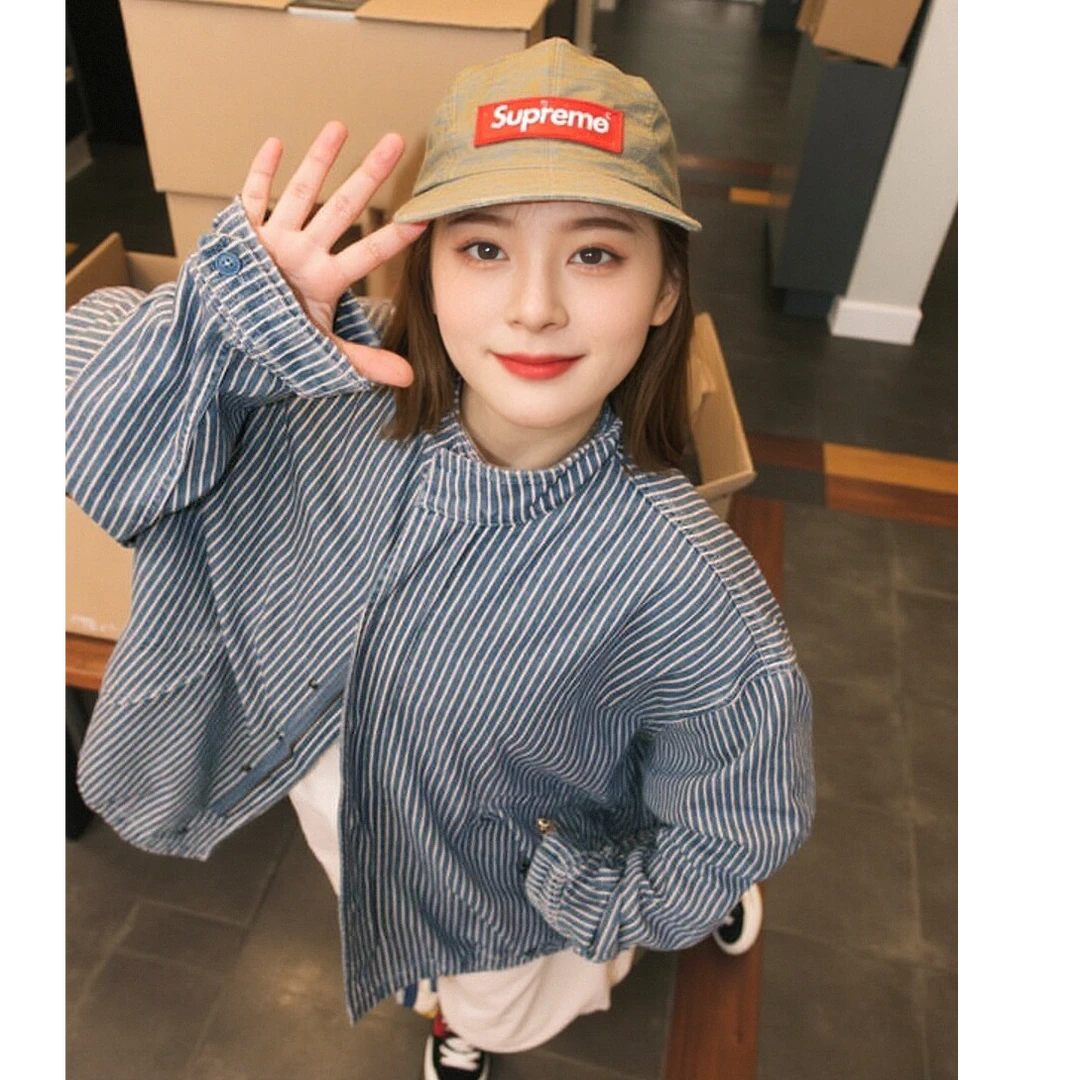 蓝色立领条纹衬衫款外套女2025春秋新款日系通勤穿搭休闲宽松夹克
